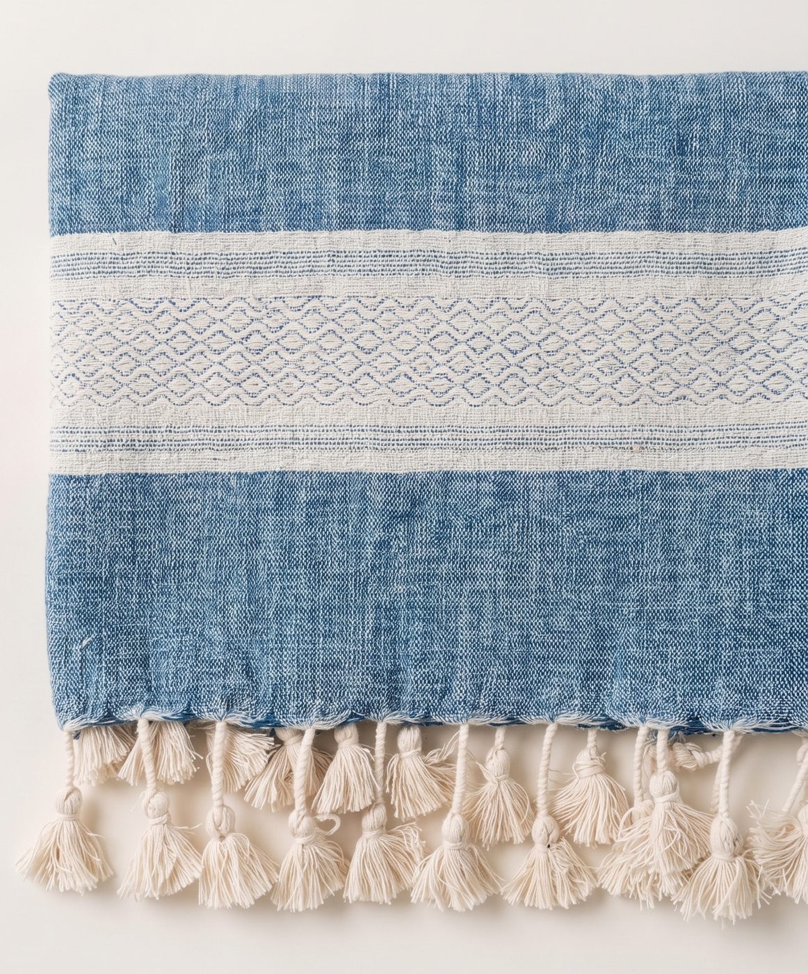Rannova indigo Kala cotton stole with geometric border and hand-tied tassels