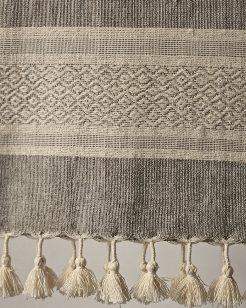 Stone grey Kala cotton stole, Jaali diamond lattice border