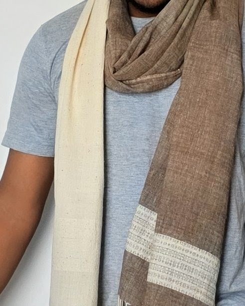 Rannova stone grey Kala cotton stole worn, wrapped around the neck, Patti linear stripe border