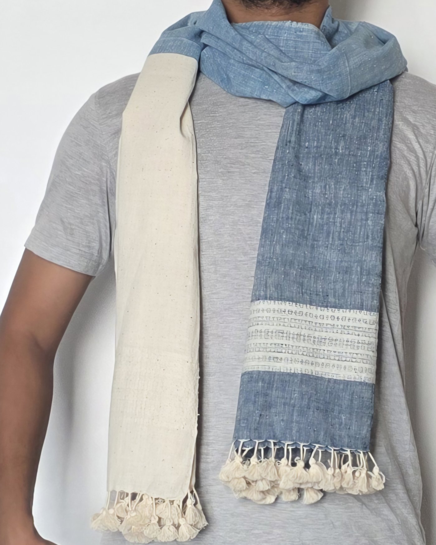 Rannova indigo Kala cotton stole worn, draped over the shoulders, Patti linear stripe border